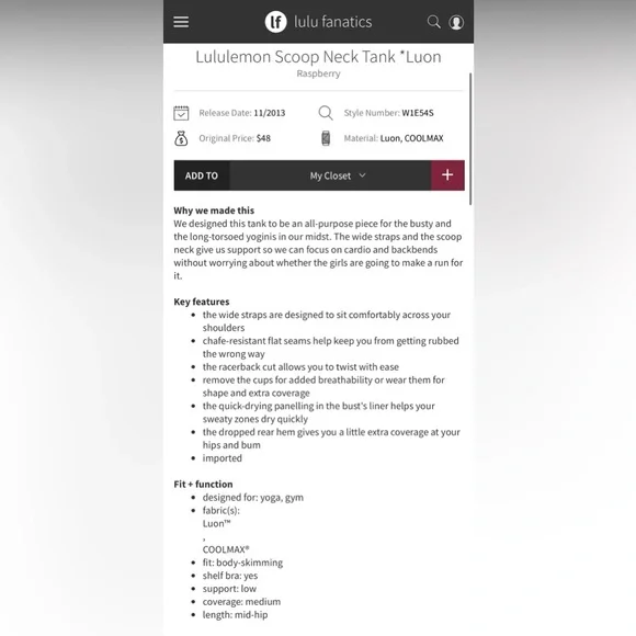 Lululemon Scoop Neck Tank *Luon - Raspberry - Size 6 - Picture 6 of 6